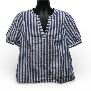 J.Crew Blue & White Stripe Popover Blouse Puff Sleeve Split Neck 100% Cotton XL